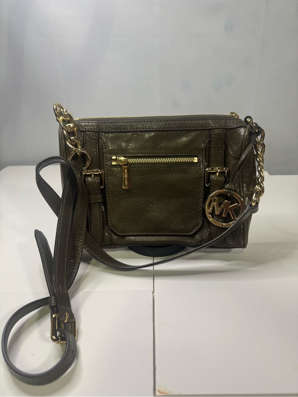 Michael Kors Metallic Olive Leather Crossbody with Gold Hardware